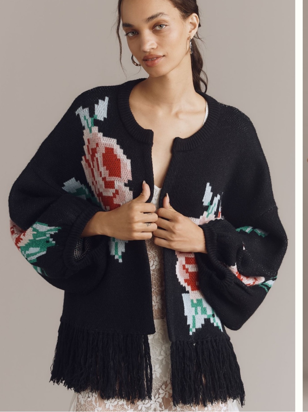 Anthropologie Black Floral Fringe Open Cardigan Sweater